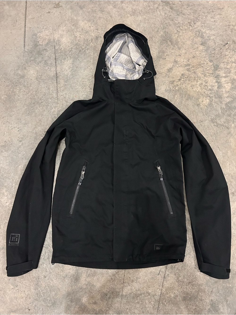 REI E1 Elements Men’s Small Black Hooded Rain Jacket Waterproof Shell